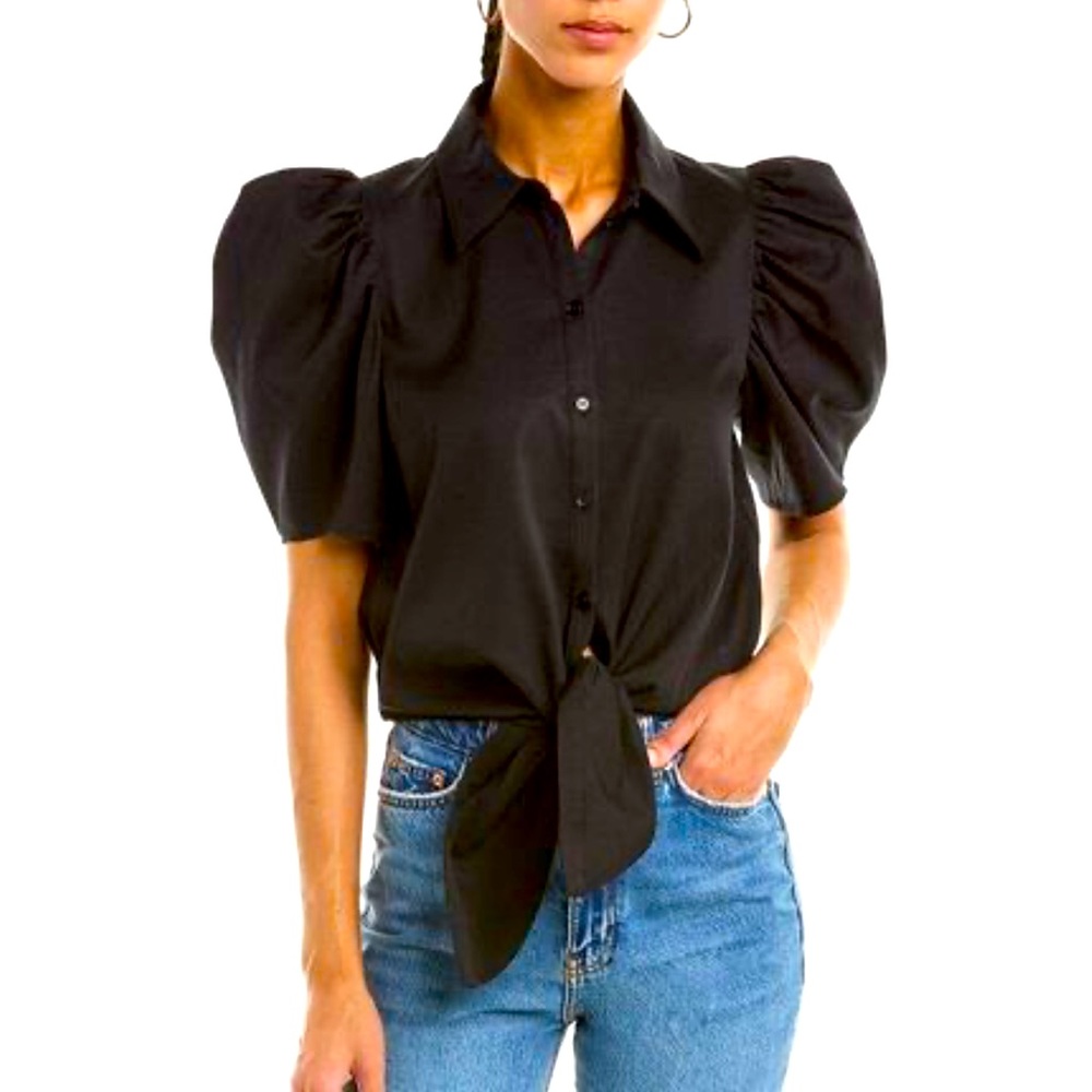 BA&SH Conscious, puff sleeve, buttonfront waist tie black, gorgeous blouse